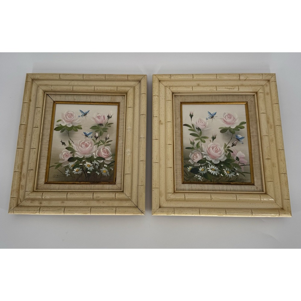 CK Chan/Zhan Original Asian Orient Art Butterfly & Flowers Oil Canvas Framed Set
